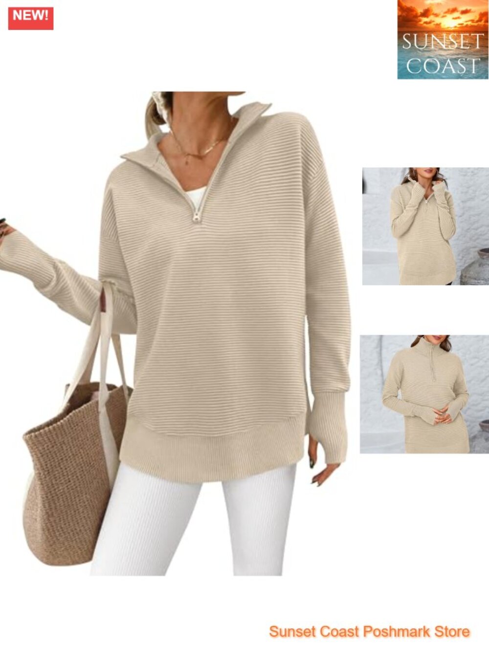 Women's Long Sleeve Quarter Zip Ribbed Knit Pullover Sweater